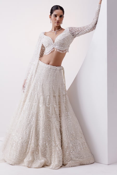 Shop_Istya_Ivory Net Beads, Embroidery, Pearls, Floral Embellished Bridal Lehenga Set _at_Aza_Fashions