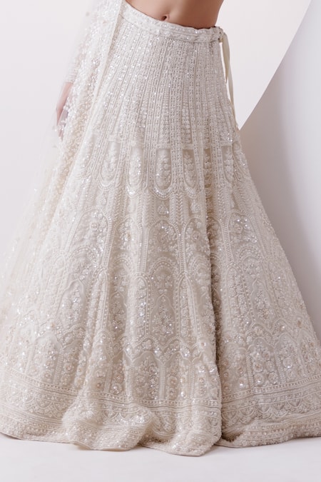Istya_Ivory Net Beads, Embroidery, Pearls, Floral Embellished Bridal Lehenga Set _Online_at_Aza_Fashions