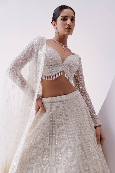 Buy_Istya_Ivory Net Beads, Embroidery, Pearls, Floral Embellished Bridal Lehenga Set _Online_at_Aza_Fashions