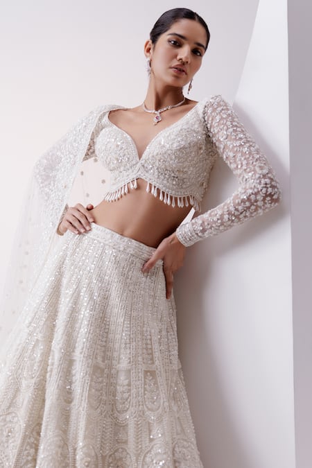 Shop_Istya_Ivory Net Beads, Embroidery, Pearls, Floral Embellished Bridal Lehenga Set _Online_at_Aza_Fashions