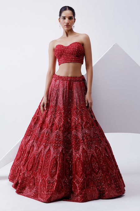 Shop_Istya_Red Net Cut Work, Sequins, Beads Floral Embellished Jacket Lehenga Set _at_Aza_Fashions