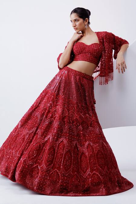 Istya_Red Net Cut Work, Sequins, Beads Floral Embellished Jacket Lehenga Set _Online_at_Aza_Fashions