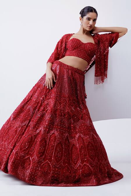 Buy_Istya_Red Net Cut Work, Sequins, Beads Floral Embellished Jacket Lehenga Set _Online_at_Aza_Fashions