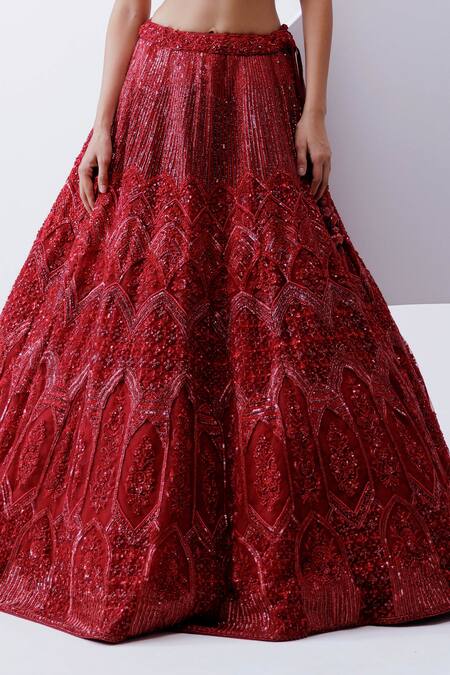 Shop_Istya_Red Net Cut Work, Sequins, Beads Floral Embellished Jacket Lehenga Set _Online_at_Aza_Fashions