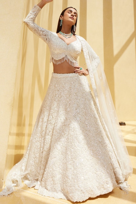 Istya Ivory Net Sequins, Beads, Cut Work Rosette Bloom Embellished Bridal Lehenga Set Online at Aza Fashions Istya_Ivory Net Sequins, Beads, Cut Work Rosette Bloom Embellished Bridal Lehenga Set _Online_at_Aza_Fashions