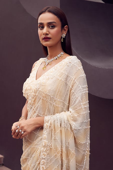 Istya Beige Chiffon Sequins, Beads V-neck Geometric Embroidered Saree With Blouse Online at Aza Fashions Istya_Beige Chiffon Sequins, Beads V-neck Geometric Embroidered Saree With Blouse _Online_at_Aza_Fashions