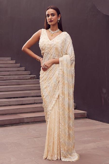 Buy Istya Beige Chiffon Sequins, Beads V-neck Geometric Embroidered Saree With Blouse Online at Aza Fashions Buy_Istya_Beige Chiffon Sequins, Beads V-neck Geometric Embroidered Saree With Blouse _Online_at_Aza_Fashions