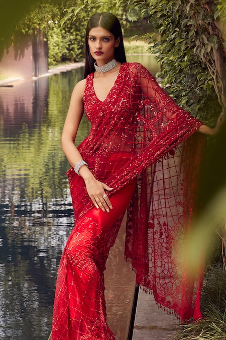 Shop Istya Red Net Sequins, Beads V-neck Floral Blossom Embroidered Saree With Blouse at Aza Fashions Shop_Istya_Red Net Sequins, Beads V-neck Floral Blossom Embroidered Saree With Blouse _at_Aza_Fashions