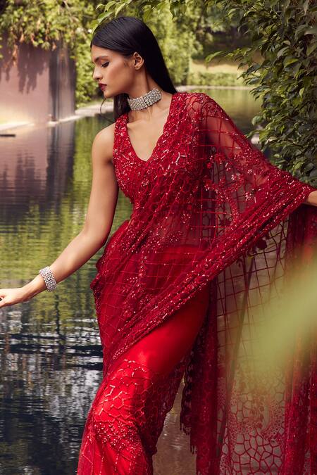 Istya Red Net Sequins, Beads V-neck Floral Blossom Embroidered Saree With Blouse Online at Aza Fashions Istya_Red Net Sequins, Beads V-neck Floral Blossom Embroidered Saree With Blouse _Online_at_Aza_Fashions