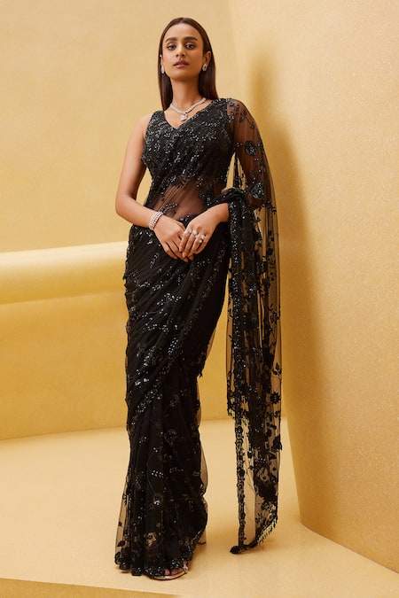 Istya Black Net Embroidery Sequins V Neck Tonal Saree With Blouse 