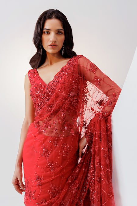 Buy Istya Red Net Sequins, Beads V-neck Tonal Embroidered Saree With Blouse Online at Aza Fashions Buy_Istya_Red Net Sequins, Beads V-neck Tonal Embroidered Saree With Blouse _Online_at_Aza_Fashions