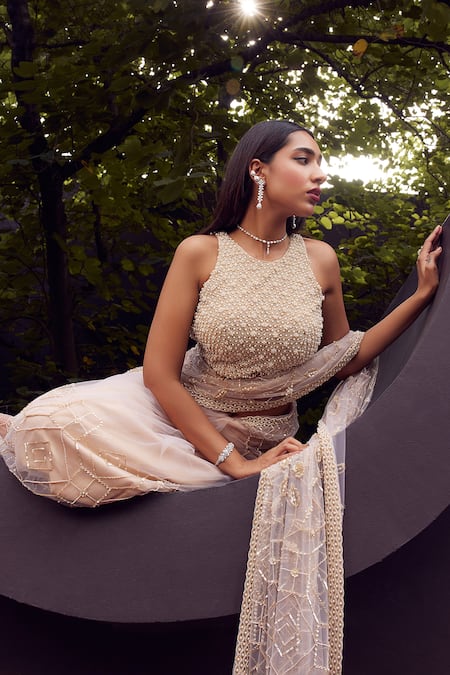 Istya_Beige Net Pearls, Sequins Round Neck And Embroidered Saree With Blouse _Online_at_Aza_Fashions