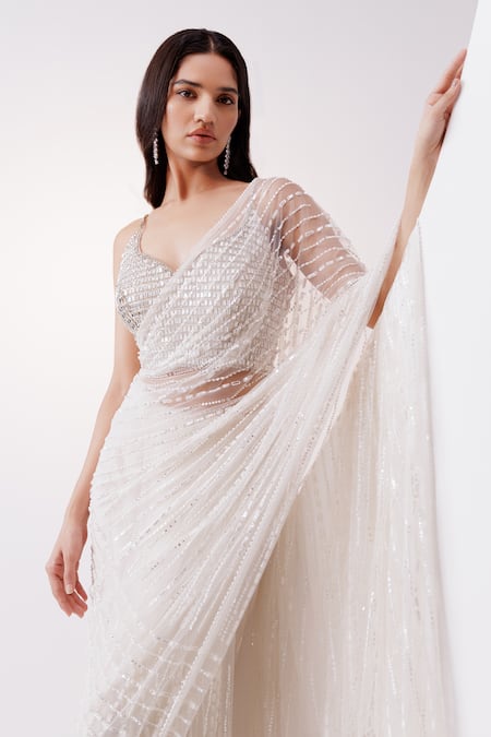 Buy Istya Ivory Net Sequins, Stones And Embellished Saree With Blouse Online at Aza Fashions Buy_Istya_Ivory Net Sequins, Stones And Embellished Saree With Blouse _Online_at_Aza_Fashions