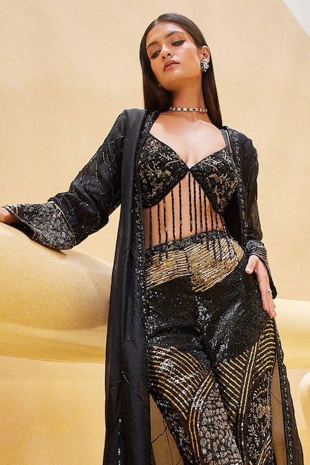 Istya Black Net, Organza Sequins, Cut Work Embroidered Pant Set With Long Jacket Online at Aza Fashions Istya_Black Net, Organza Sequins, Cut Work Embroidered Pant Set With Long Jacket _Online_at_Aza_Fashions