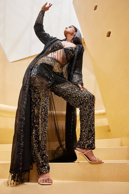Buy Istya Black Net, Organza Sequins, Cut Work Embroidered Pant Set With Long Jacket Online at Aza Fashions Buy_Istya_Black Net, Organza Sequins, Cut Work Embroidered Pant Set With Long Jacket _Online_at_Aza_Fashions