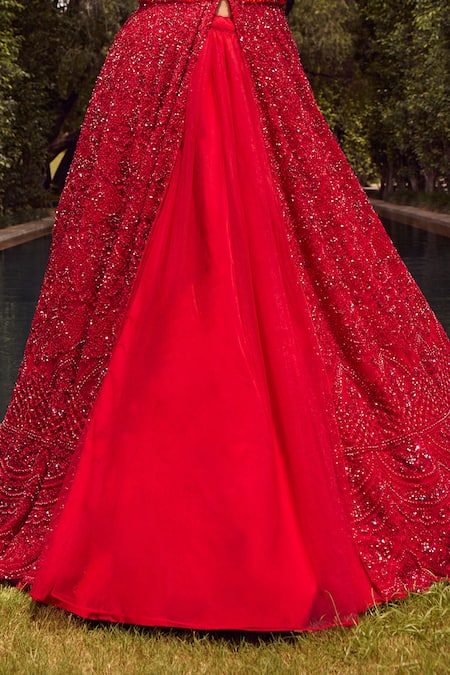 Buy_Istya_Red Net Sequins, Beads, Stones V-neck Embroidered Jacket And Skirt Set _Online_at_Aza_Fashions