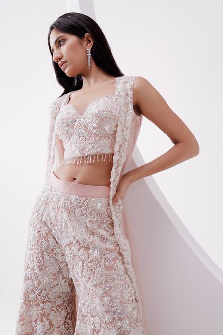 Istya Peach Net Sequins, Beads, Cut Floral Applique Embroidered Sharara And Jacket Set Online at Aza Fashions Istya_Peach Net Sequins, Beads, Cut Floral Applique Embroidered Sharara And Jacket Set _Online_at_Aza_Fashions