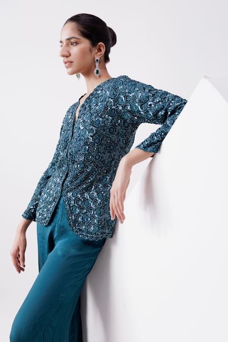 Istya Blue Chinon Embroidered Geometric V Neck Sequin Jacket And Pant Set  3