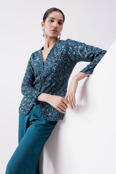 Istya Blue Chinon Embroidered Geometric V Neck Sequin Jacket And Pant Set  4