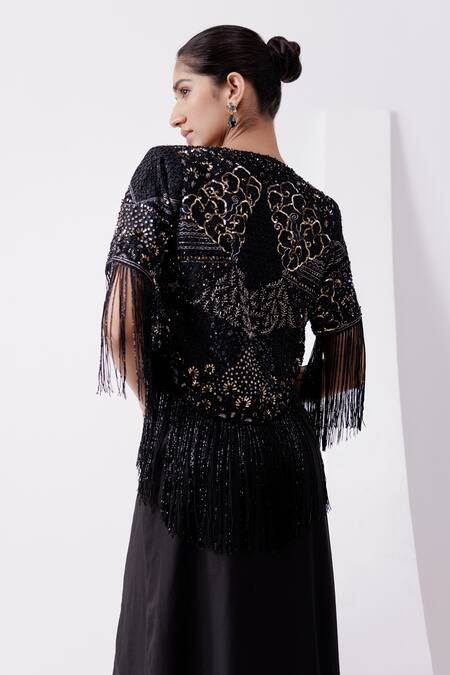 Shop Istya Black Satin, Net Sequins, Beads, Tassels Sweetheart Embroidered Cape And Skirt Set Online at Aza Fashions Shop_Istya_Black Satin, Net Sequins, Beads, Tassels Sweetheart Embroidered Cape And Skirt Set _Online_at_Aza_Fashions