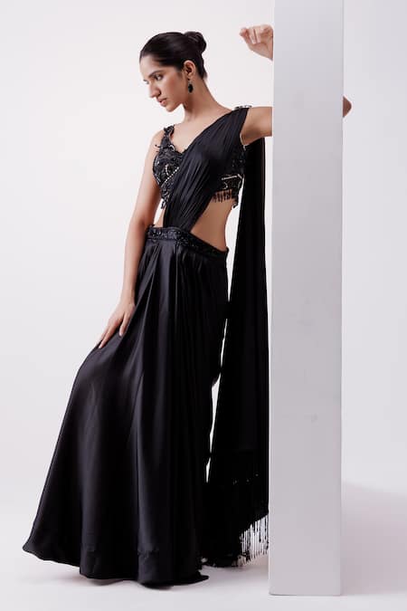 Shop_Istya_Black Satin Beads, Tassels V-neck Pre-draped Saree Embroidered Blouse _at_Aza_Fashions
