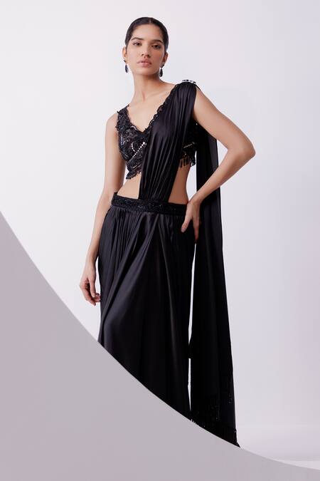 Istya_Black Satin Beads, Tassels V-neck Pre-draped Saree Embroidered Blouse _Online_at_Aza_Fashions