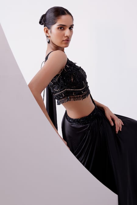 Buy_Istya_Black Satin Beads, Tassels V-neck Pre-draped Saree Embroidered Blouse _Online_at_Aza_Fashions