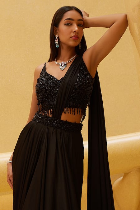 Istya_Black Satin Tassels, Beads Asymmetric Pre-draped Saree Embroidered Blouse _Online_at_Aza_Fashions