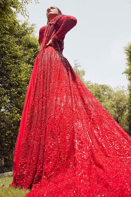 Shop Istya Red Net Sequins, Tassels, Beads Embroidered Long Trail Jacket With Skirt Set at Aza Fashions Shop_Istya_Red Net Sequins, Tassels, Beads Embroidered Long Trail Jacket With Skirt Set _at_Aza_Fashions