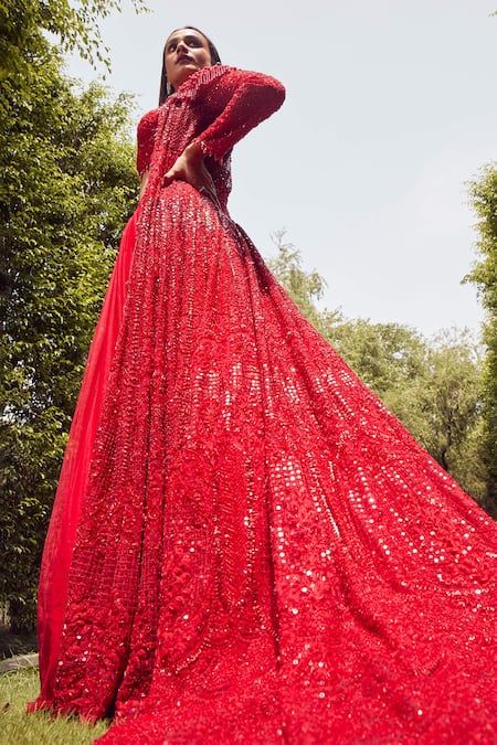 Istya Red Net Sequins, Tassels, Beads Embroidered Long Trail Jacket With Skirt Set Online at Aza Fashions Istya_Red Net Sequins, Tassels, Beads Embroidered Long Trail Jacket With Skirt Set _Online_at_Aza_Fashions