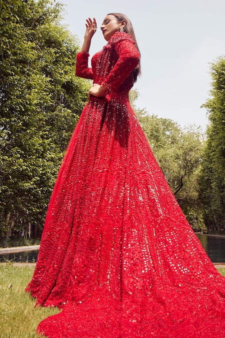 Buy Istya Red Net Sequins, Tassels, Beads Embroidered Long Trail Jacket With Skirt Set Online at Aza Fashions Buy_Istya_Red Net Sequins, Tassels, Beads Embroidered Long Trail Jacket With Skirt Set _Online_at_Aza_Fashions