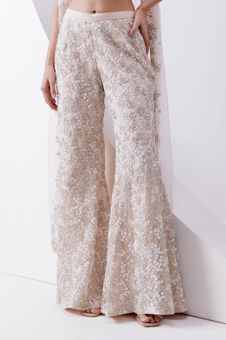 Buy_Istya_Peach Net Sequins, Beads, Embroidery Sweetheart Neck, Rose Sharara And Jacket Set _Online_at_Aza_Fashions