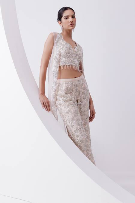 Shop_Istya_Peach Net Sequins, Beads, Embroidery Sweetheart Neck, Rose Sharara And Jacket Set _Online_at_Aza_Fashions