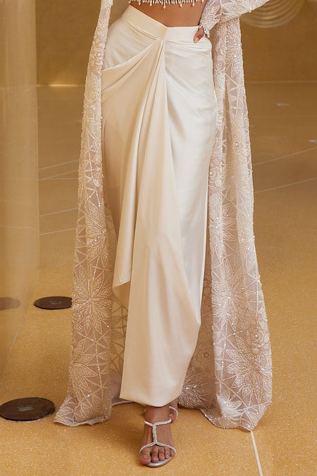 Shop_Istya_Ivory Net, Satin Sequins, Beads, Tassels Embroidered Jacket And Draped Skirt Set _Online_at_Aza_Fashions