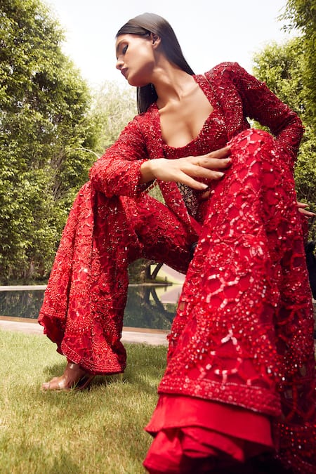 Buy_Istya_Red Net Embroidery, Sequins, Beads Honeycomb Tonal Sharara Jacket Set _Online_at_Aza_Fashions