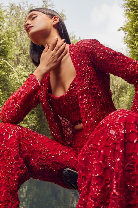 Shop_Istya_Red Net Embroidery, Sequins, Beads Honeycomb Tonal Sharara Jacket Set _Online_at_Aza_Fashions
