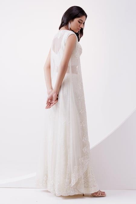 Shop_Istya_Ivory Net Embroidery, Sequins Bead Gharara And Jacket Set _at_Aza_Fashions