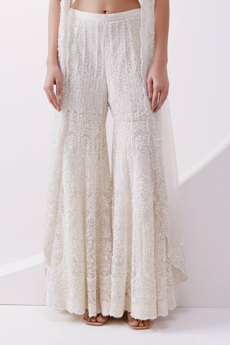 Istya_Ivory Net Embroidery, Sequins Bead Gharara And Jacket Set _Online_at_Aza_Fashions