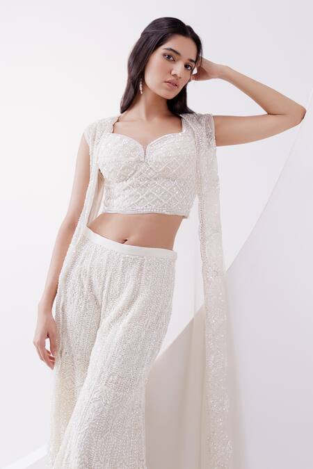 Buy_Istya_Ivory Net Embroidery, Sequins Bead Gharara And Jacket Set _Online_at_Aza_Fashions