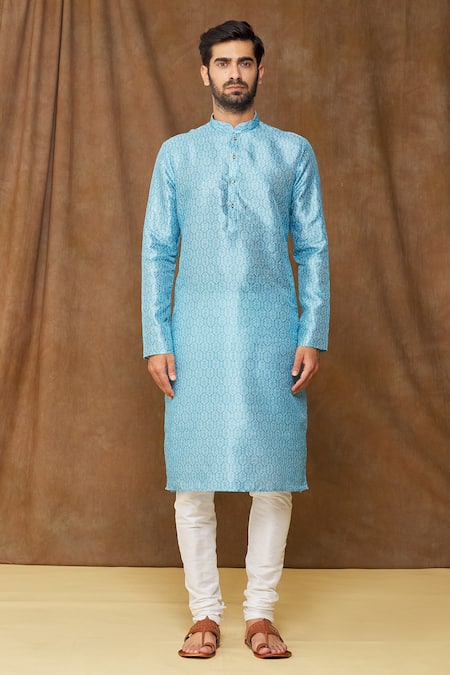 Arihant Rai Sinha_Blue Jacquard, Silk Geometric Pattern Kurta _Online_at_Aza_Fashions