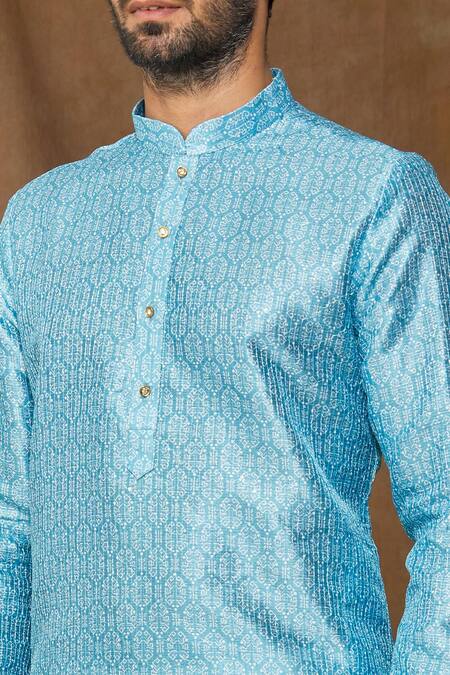 Shop_Arihant Rai Sinha_Blue Jacquard, Silk Geometric Pattern Kurta _Online_at_Aza_Fashions