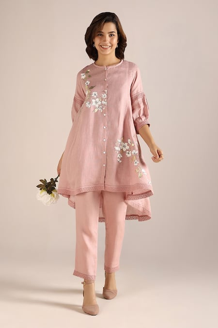 Kaveri_Pink Linen Lace, Embroidery Round Camellia Asymmetric Printed Kurta With Pant _at_Aza_Fashions