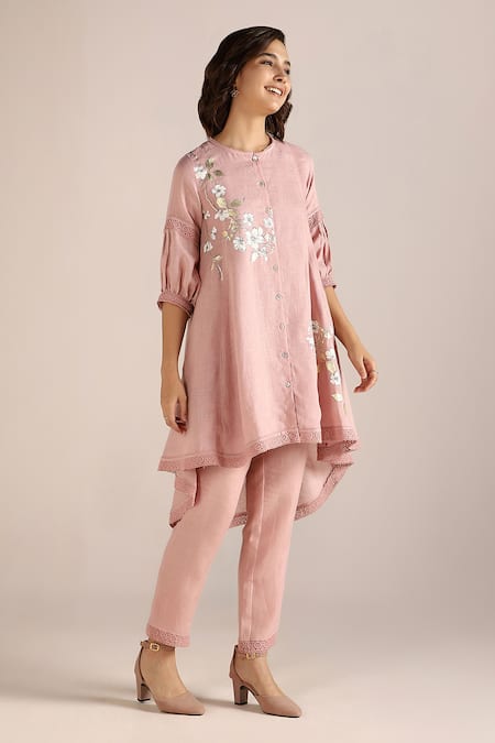 Kaveri_Pink Linen Lace, Embroidery Round Camellia Asymmetric Printed Kurta With Pant _Online_at_Aza_Fashions