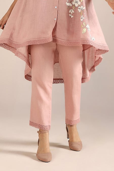 Buy_Kaveri_Pink Linen Lace, Embroidery Round Camellia Asymmetric Printed Kurta With Pant _Online_at_Aza_Fashions