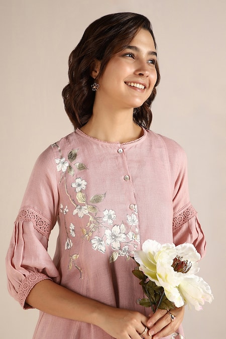 Shop_Kaveri_Pink Linen Lace, Embroidery Round Camellia Asymmetric Printed Kurta With Pant _Online_at_Aza_Fashions