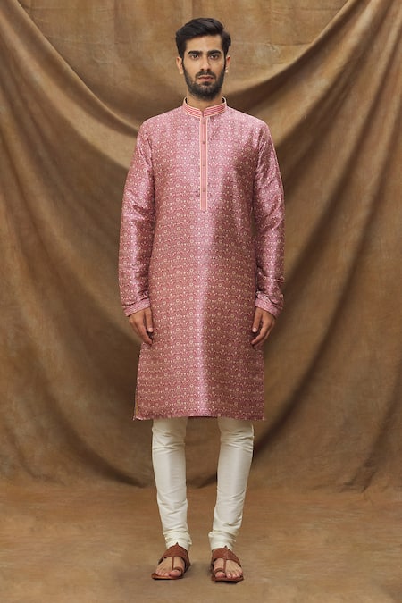 Arihant Rai Sinha_Pink Silk Embroidery Floret Print Kurta _Online_at_Aza_Fashions