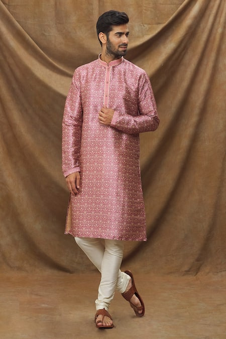 Buy_Arihant Rai Sinha_Pink Silk Embroidery Floret Print Kurta _Online_at_Aza_Fashions