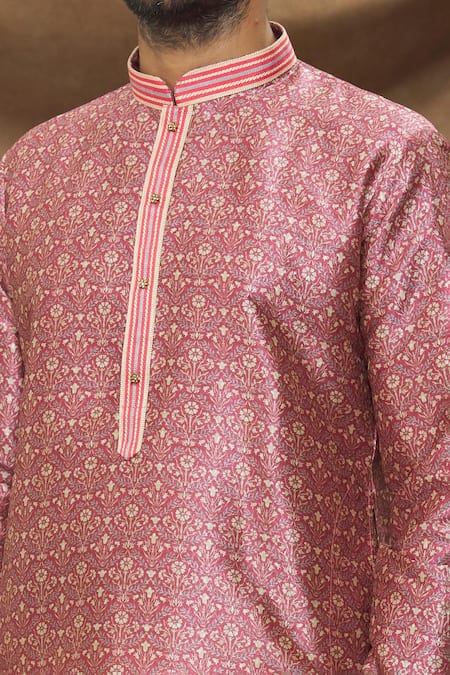 Shop_Arihant Rai Sinha_Pink Silk Embroidery Floret Print Kurta _Online_at_Aza_Fashions