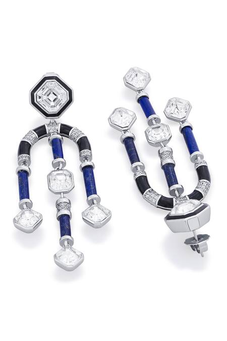 Isharya_Blue Crystals, Cut Work Chandelier Earrings_Online_at_Aza_Fashions