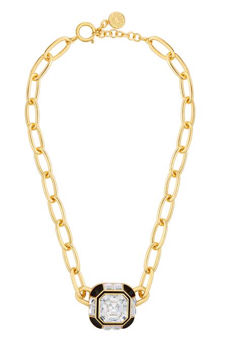 Shop Isharya Gold Plated Optic Chain Link Pendant Necklace at Aza Fashions Shop_Isharya_Gold Plated Optic Chain Link Pendant Necklace_at_Aza_Fashions